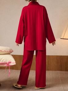 Gongdie 女士红色长袖纯棉睡衣套装（2件套），春秋季 - 紅色 - 查看 6