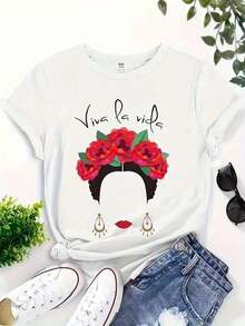 Nueva camiseta de cuello redondo para mujer, manga corta, holgada, casual y versátil con ‌ estampado de rosas femeninas ‌ , tejido suave y de buena caída - Multicolor - Ver 2