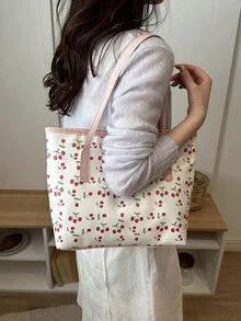 2026 Nuova moda Borsa a tracolla casual da donna con grande capacità, stampa a ciliegie e farfalle con fiocco - Rosa - Visualizzare 6