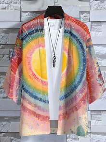 Gradient Radial-Style Non-Stretch Woven Fabric Kimono Cardigan For Men, With Rainbow Aperture Print Elements, Multicolor Radial Design, Suitable For Spring And Summer Daily Wear, Machine Washable, Ideal For Gifting - Multicolor - View 3