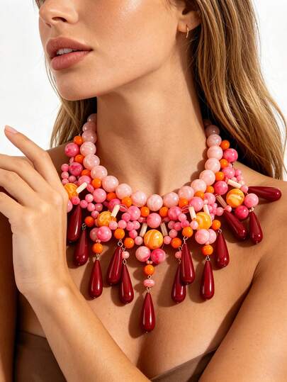Collar bib de cuentas multicolor bohemio, collar grueso con colgante de gota de agua rosa naranja rojo, joyería para fiestas, eventos y vacaciones para mujeres