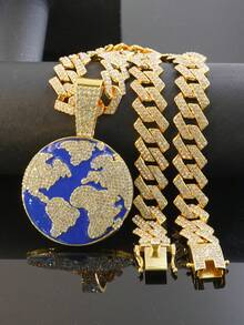 Bộ dây chuyền và đồng hồ Hip Hop Blue Drip Oil Earth, mặt dây chuyền đính đá toàn bộ, dây xích Cuban, phong cách đường phố dành cho rapper, quà tặng dự tiệc, quà sinh nhật cho bạn bè và gia đình. - Màu xanh lam - Xem 20
