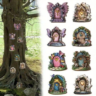 1/8pcs Mini Fairy Door Wooden Decor, Pastel Pink & Gold Magic Garden Decor, Lightweight Fairy House For Indoor/Outdoor Use, Dreamy Desktop/Garden Display With Butterfly Wings Design, No Electricity Required, 2D