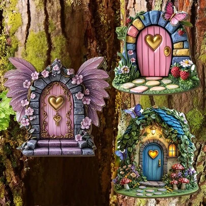 1/8pcs Mini Fairy Door Wooden Decor, Pastel Pink & Gold Magic Garden Decor, Lightweight Fairy House For Indoor/Outdoor Use, Dreamy Desktop/Garden Display With Butterfly Wings Design, No Electricity Required, 2D