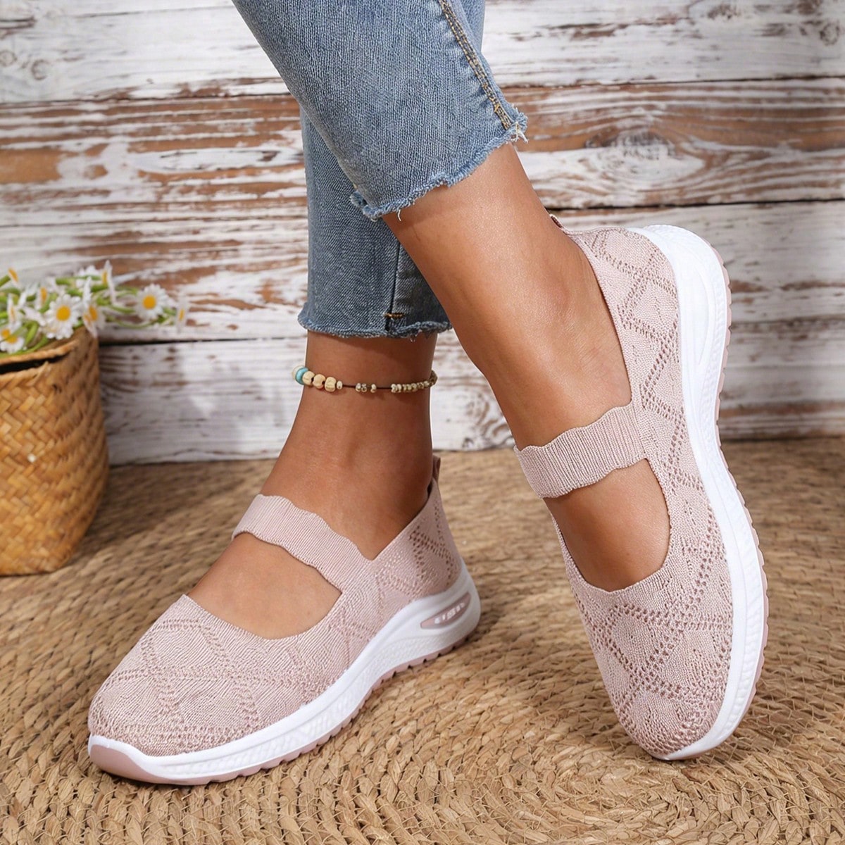 Zapatos Mary Jane de malla de punto transpirable, zapatos de suela blanda y cómodos para caminar para personas de mediana edad y ancianos, mocasines