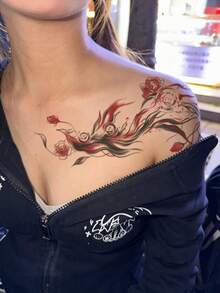 1pc Waterproof Temporary Tattoo, Ink Wash Style Red & Black Rose Design, Lasting 2-3 Days, Suitable For Collarbone/Neck Decoration, INS Style,Sketch Style - Multicolor - View 4