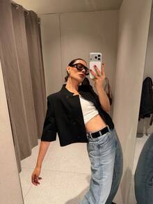 Áo blazer ngắn tay dáng lửng thời trang nữ mùa xuân/thu mới của Camellia, kiểu dáng châu Âu và Mỹ, màu đen, thích hợp cho mùa hè. - màu đen - Xem 6