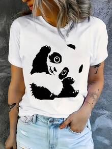 Camiseta casual de cuello redondo para mujer, con estampado de panda adorable. |   Tela, manga corta, blanca, adecuada para todas las estaciones, cuello redondo, ligeramente elástica, patrón geométrico, ideal para cumpleaños, vacaciones, uso casual y diario, blusas casuales para dama, tops de mujer. - Blanco - Ver 7