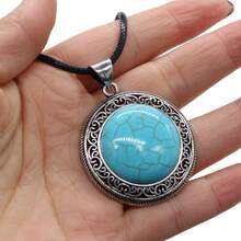 38x42mm Natural Crystal Agate Semi-Precious Stone Round Pendant, Gemstone Inlaid Alloy Abalone Shell Necklace - Water Drop Natural Stone Pendant - View 15