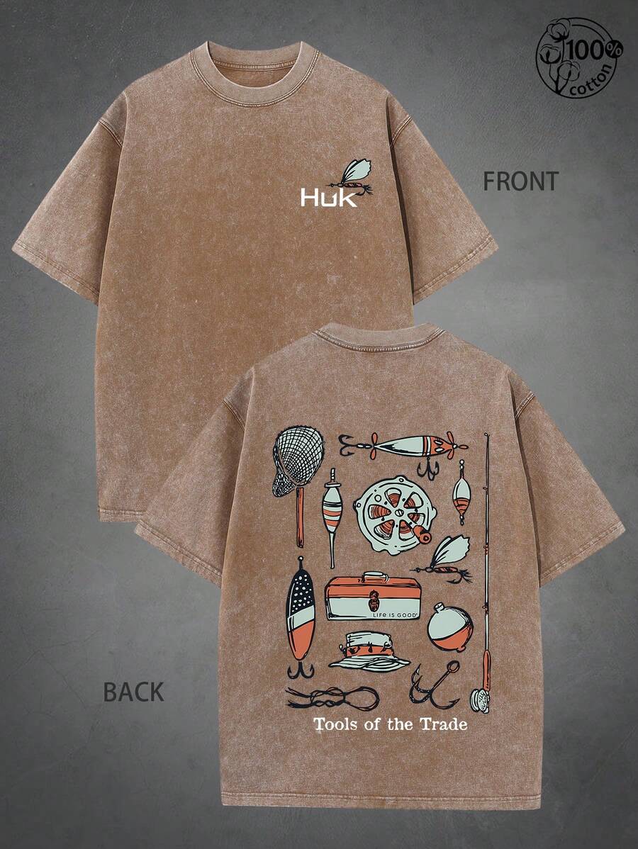 Huk Fishing "Tools Of The Trade" Vintage Washed Mens Clothes T-Shirt ,100% Cotton Retro Tackle Gear Graphic Tee For Anglers, Men's Summer Clothing, Justin Bieber1, Oversized Outdoor Fishing Casual Top, Is The Perfect Gift For Huk, Outdoor Fishing Enthusiasts - Coffee Brown - View 1