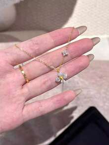 Elegant Four-Leaf Clover Necklace, Chic And Graceful Style, High-Quality Chain, Long Design, Graceful Tassel Necklace, Suitable For Women, Valentine's Day, Mother's Day Gift - 雙四葉草項鍊 - 金色 - 查看 3