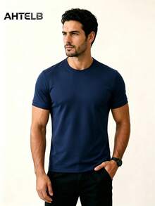 AHTELB Men's Solid Color Round Neck T-Shirt, Ice Silk Quick-Drying Breathable Lightweight And Comfortable Sports - Royal Blue - View 3
