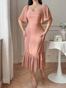 Vestido elegante de mujer de unicolor con cuello cuadrado y dobladillo con volantes, conjunto de ropa para el Día de San Valentín para mujer - Rosa - Ver 4