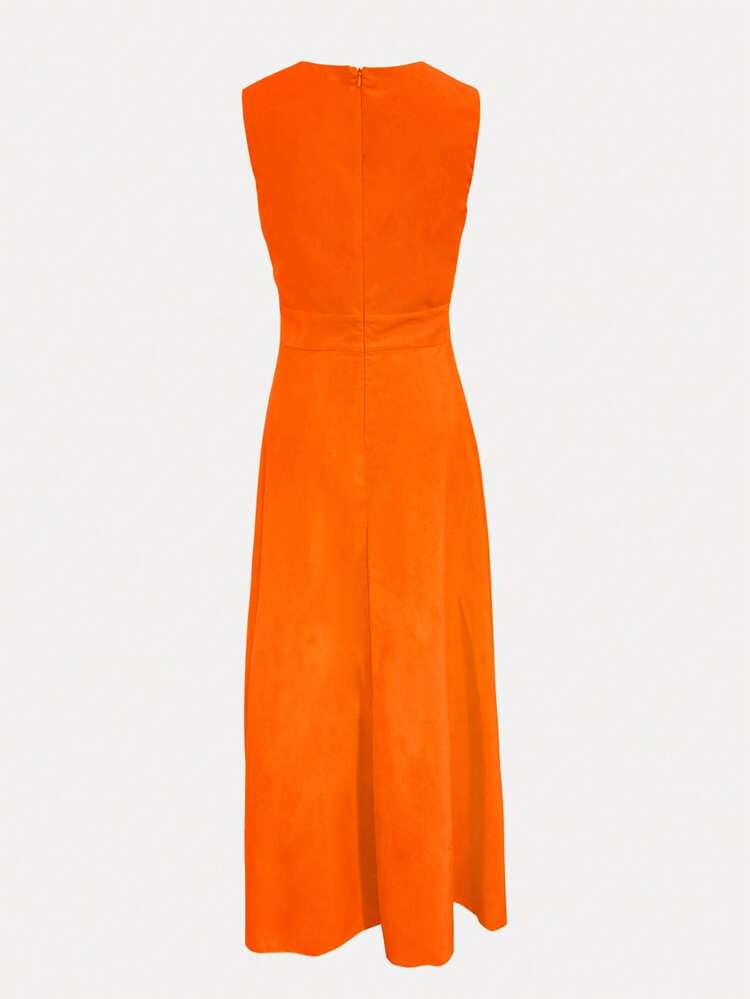 女士无袖深V领收腰A字连衣裙，纯色休闲舒适户外连衣裙 - 橘色 - 查看 3