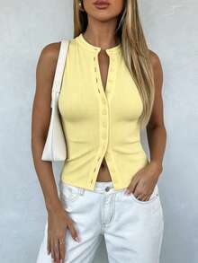 GAOVOT Women's Y2K Sexy Front Button Sleeveless Round Neck T-Shirt, Summer - Yellow - View 5