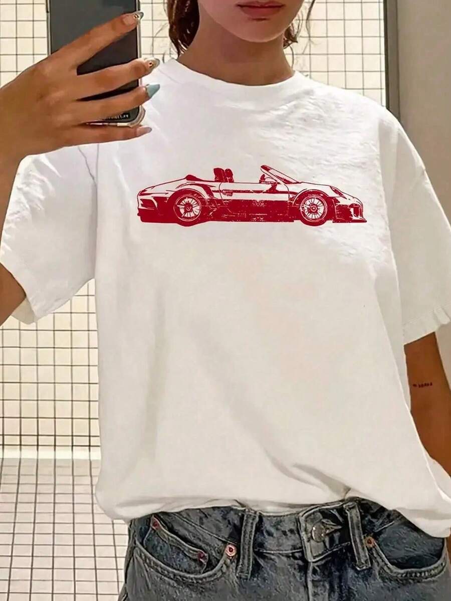 Camiseta Manga Corta con Estampado de Carreras, Estilo Retro Americano - Blanco - Ver 1