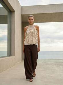 Rouah Women's High Neck Halter Top Cream Textured Gauze With Multi-Layered Ruffle Front Backless Tie Neck Blouse For Summer Party - Beige - View 1