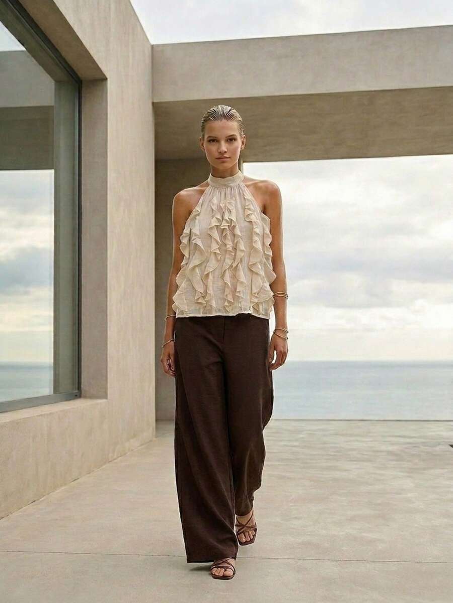 Rouah Women's High Neck Halter Top Cream Textured Gauze With Multi-Layered Ruffle Front Backless Tie Neck Blouse For Summer Party - Beige - View 1