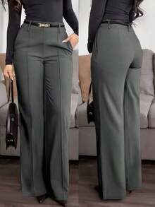 Pantalones rectos de tela de traje con bolsillo con cremallera de unicolor Jessfin, sin cintura, elegantes para la oficina, casuales y versátiles, para primavera/verano - Gris Oscuro - Ver 1