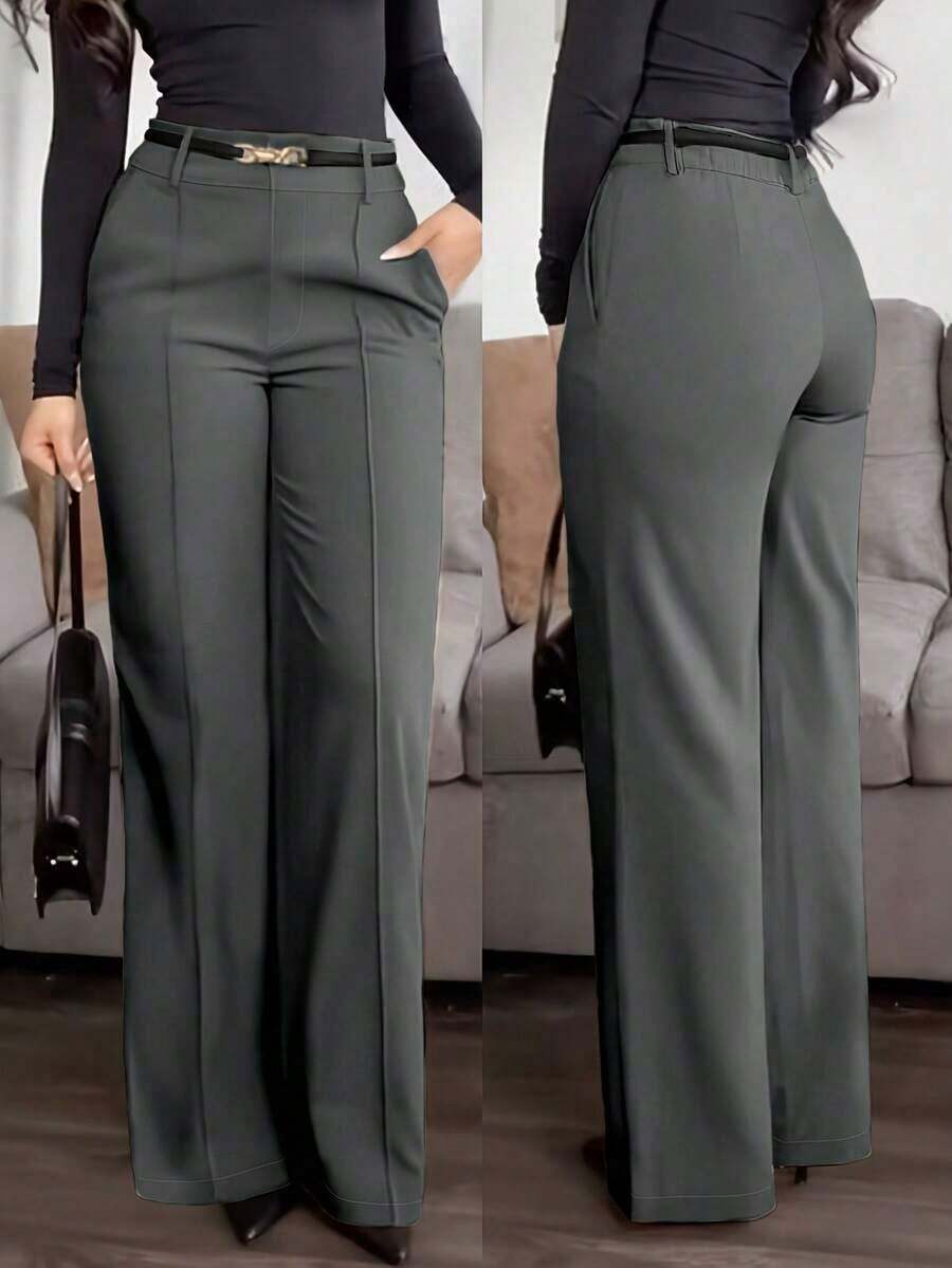 Pantalones rectos de tela de traje con bolsillo con cremallera de unicolor Jessfin, sin cintura, elegantes para la oficina, casuales y versátiles, para primavera/verano - Gris Oscuro - Ver 1