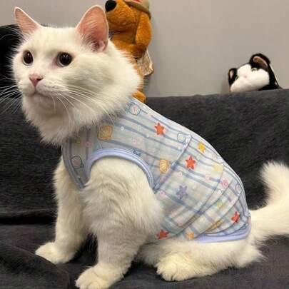 Áo cho mèo bằng vải lưới họa tiết vỏ sò, kiểu áo vest không tay, thoáng khí, chống rụng lông, nhẹ, thích hợp cho mùa xuân và mùa hè.