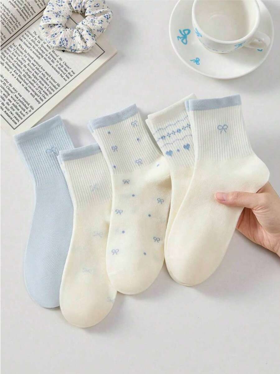 5雙女款可愛甜美蝴蝶結波點圖案純色中筒襪,舒適休閒創意日常百搭,適合日常穿著 - 彩色 - 查看 1