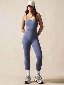 VARSITIE Mono deportivo ajustado y bonito de yoga para mujer - Niebla azul - Ver 7