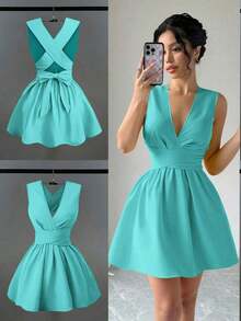 Vestido mini elegante y sexy para invitada de boda con cuello en V cruzado, sin mangas y silueta evasé, diseño versátil para conciertos, playa, fiestas, primavera/verano, con bolsillos, vestido de noche con espalda descubierta, color amarillo mantequilla - verde menta - Ver 8