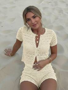 Conjunto de vacaciones de verano para mujer, conjunto de 2 piezas con top de punto de malla calado sexy y shorts - Conjunto de vacaciones de 2 piezas para mujer, conjunto de salida de punto calado para club nocturno, conjunto ajustado sexy para mujer - Beis - Ver 2