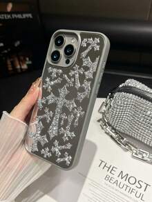 1 pieza Estuche de teléfono 2 en 1 a prueba de golpes con espejo incrustado de cristal de imitación de piel de spray de color gris plateado, adecuado para 14promax/17promax/15promax - gris plateado - Ver 4