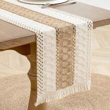 1pc Luxury Elegant Premium Cotton Linen Rustic Boho Embroidered Tassel Decorative Dining Table Runner For Home - Beige - View 2