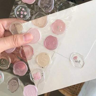 18 piezas Pegatinas para sellar sobres, Pegatinas para sobres con sello de cera falso de vuelta al colegio, Pegatinas decorativas de papelería con relieve transparente para diarios/tarjetas/regalos de vuelta al colegio, Sello de cera simulado, Textura en relieve 3D con patrón floral fino y bordes naturales