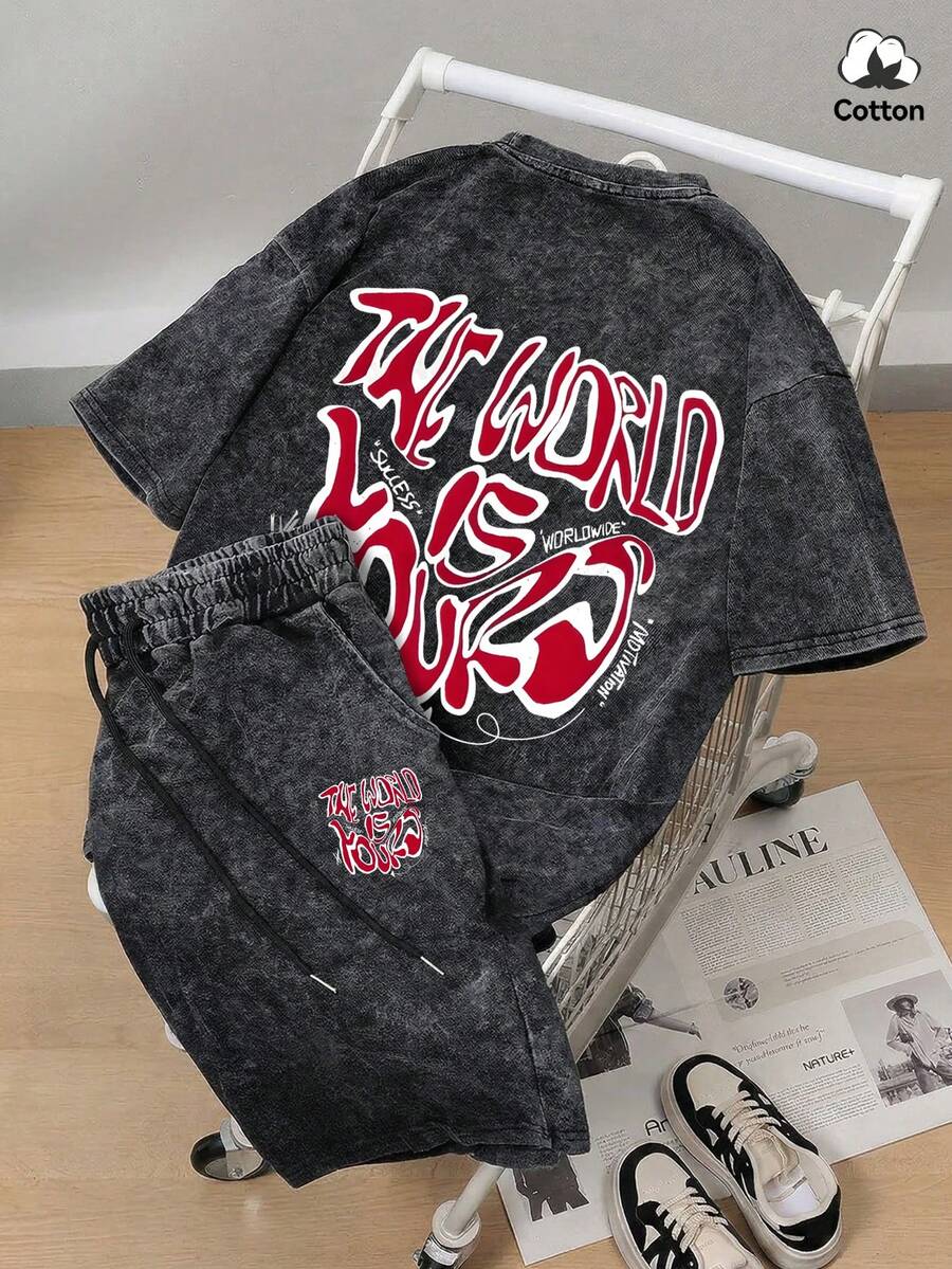 Hemo 男士街头风印花T恤短裤套装,弹力水洗黑色休闲日常两件套,夏季 - 黑色 - 查看 1