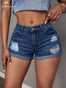 女式性感弹力磨边破洞牛仔短裤 - 深色水洗藍 - 查看 1