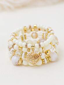 4pcs Heart Shaped Pendant Beaded Bracelet Set, Valentine's Day & Mother's Day Gift - Multicolor - View 5