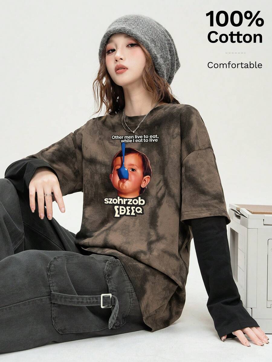 JUTU Spring & Autumn Casual Cute Hand-Painted Pattern All-Over Print Patchwork 2 In 1 Long Sleeve Round Neck Loose Knit Coffee & Black Top, Suitable For Vacation & Street Carnival - 409 Coffee Black - KJ0213 - View 1