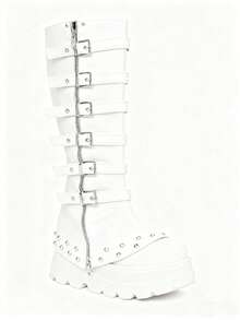 Botas altas de mujer con estilo Y2K, de metal negro, estilo punk, combinación de plataforma alta, botines hasta la rodilla con cremallera y hebilla, leggings, botas de estilo navideño y de Halloween - Blanco - Ver 10