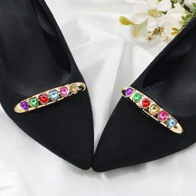 2 Peças Clipes de Sapato Destacáveis com Formato de Coração Dourado e Gemas, Decoração de Salto Alto Eletrodepositada em ABS, Cristal de Cor Aleatória, Acessórios para Casamento e Festa, Par Removível