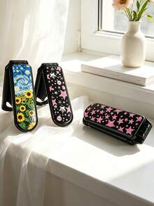 This 2-In-1 Folding Comb With Mirror And Massage Function, Printed With Cute Star, Heart, Sunflower And Colorful Flower Patterns. Portable And Lightweight, Perfect For Daily Commute, Business Trip, Travel, Outdoor Activities, Dating And Student Dorm Use, A Convenient And Practical Hair Styling Tool. - Black - View 10