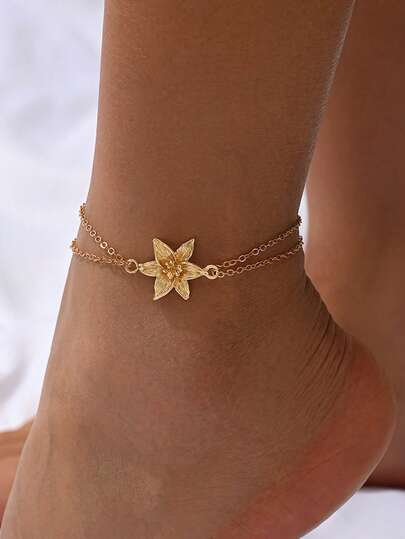 1pc Elegant Bohemian Style Golden Flower Decor Anklet, Fashionable Floral Jewelry Accessory Suitable For Women's Daily Wear, Dates, Beach Photos