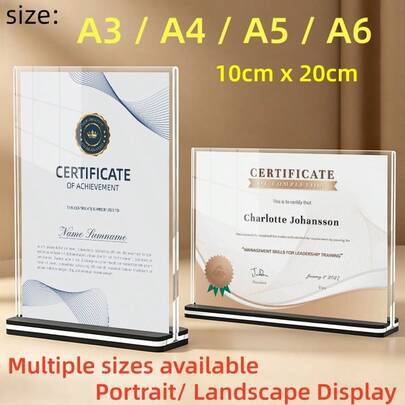 1pc: A3, A4, A5, A6 Size 20cm X 10cm Acrylic Vertical & Horizontal T-Type Display Stand, Black Base With Pullout Double-Sided Tent Card Holder, Multiple Sizes Available, Modern Stylish Design, Sturdy Structure, Suitable For Restaurant, Office, Exhibition, Wedding, Home And Store, Menu Display