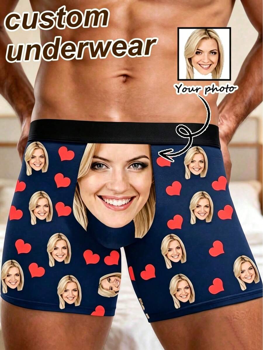 1 pieza Calzoncillos tipo bóxer personalizados para hombre con estampado de foto, patrón de corazón rojo, elásticos, transpirables, divertidos y creativos, con caja de regalo - Multicolor - Ver 1