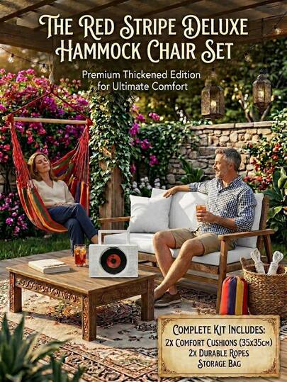 Bộ võng sọc đỏ thoải mái - Bao gồm tựa lưng + đệm, ghế đu sân vườn, ghế thư giãn treo ngoài trời, ghế bập bênh thư giãn trong nhà, đồ nội thất thư giãn sân vườn, quà tân gia.