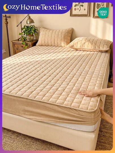 1件绗缝床笠，床上用品，床笠，床垫罩，柔软舒适床笠，纯色床垫保护套，现代面料床笠，适用于家庭、卧室、客房，深口袋设计，床垫罩