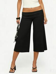 Fold Over Gaucho Pants Culottes For Women Low Rise Capris Foldover Flowy Going Out Flare Bottoms Wide Leg Capri Pants - 黑色 - 查看 3