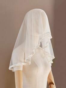 1 Stück luxuriöser Brautschleier mit Perlenkante, modischer doppellagiger Hochzeitsschleier mit Perlen, Braut-Hochzeits-Accessoire Schleier - Beige - Übersicht 6
