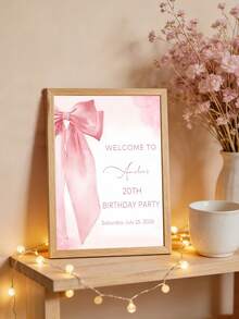 1pc Personalized Birthday Welcome Sign, Customized Text, Pink Ribbon, Entrance Welcome Board, Floral Butterfly Design, Girls Birthday Party Decoration, Wedding Anniversary, Retirement Celebration, Printed Painting, Cute Wall Art, Frameless - Multicolor - View 9