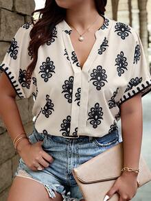 Blusa de mujer de manga larga con cuello en V y estampado floral - Multicolor - Ver 4