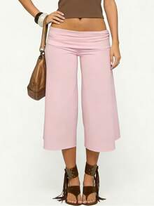 Fold Over Gaucho Pants Culottes For Women Low Rise Capris Foldover Flowy Going Out Flare Bottoms Wide Leg Capri Pants - Pink - View 2