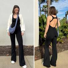 Women's Flared-Leg Jumpsuit With Built-In Bra, Openwork Back, Sportswear, Sleeveless Jumpsuit, Fitted Casual - màu đen - Xem 5
